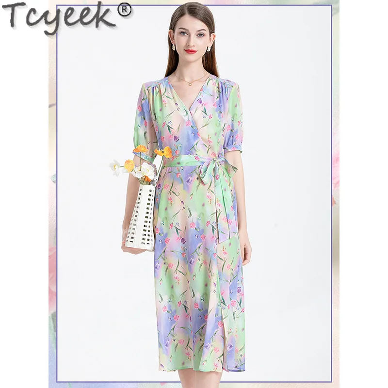 Tcyeek 100% Real Mulberry Silk Dress 2024 Summer Womens Dresses Elegant Dresses for Women Clothing V-neck Long Dress Lace-up