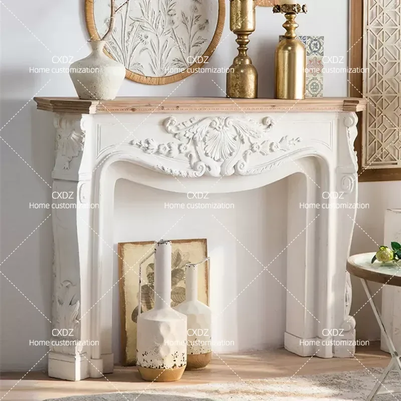 French Retro Fireplace Decorative Cabinet Living Room Wall Mounted Plaster Finished Solid Wood Arched Nordic Simulation