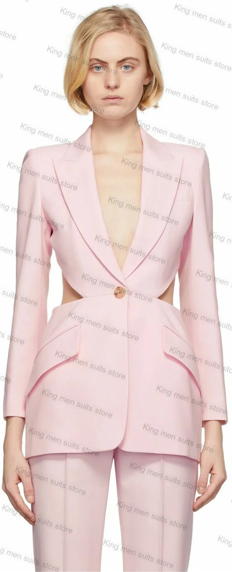 Pink Women Suits Pants Set Sexy Hollow Blazer+Trousers 2 Pieces Formal Office Lady Coat Tailored Jacket Prom Dress Outfit