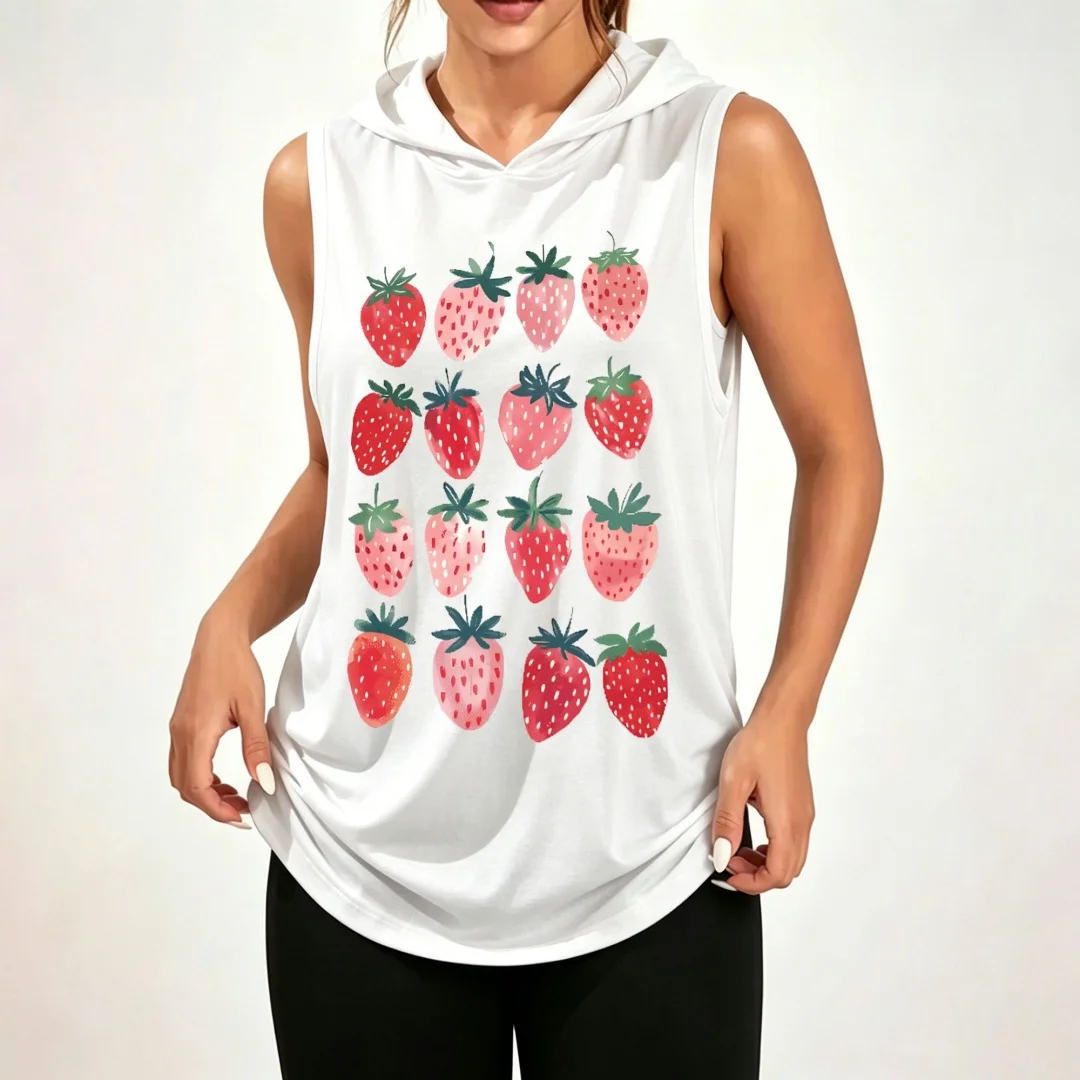 Unisex Sleeveless Hoodie with Watercolor Plaid and Strawberry Print — 100% Polyester, Loose-Fit Casual Athletic Top