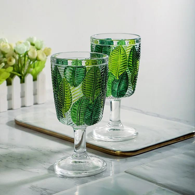 

295ml Vintage Chinese Antique Glass Leaf Pattern Embossed Goblet Vintage Hand-painted Green Wine Glass Juice Glass