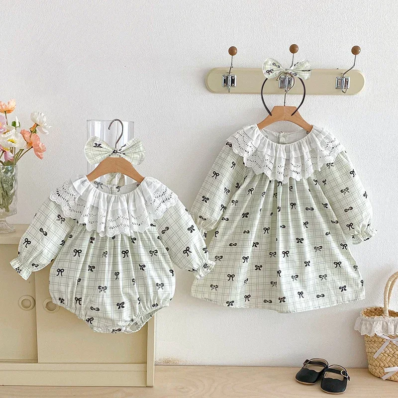 

Новое весеннее детское платье 2026 года: хлопковое, с длинным рукавом, с принтом, для девочек 2-7 лет, праздничное платье, комбинезон для малышек, платье для сестер