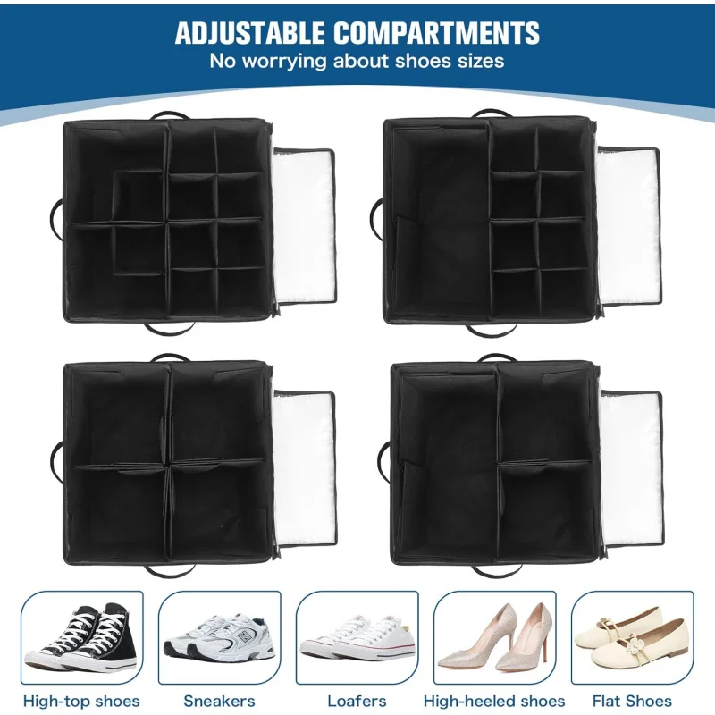折りたたみ式シューズオーガナイザークローゼット、輸送カバー付き靴収納コンテナ、省スペースブラックシューズボックスオーガナイザーフィット16P