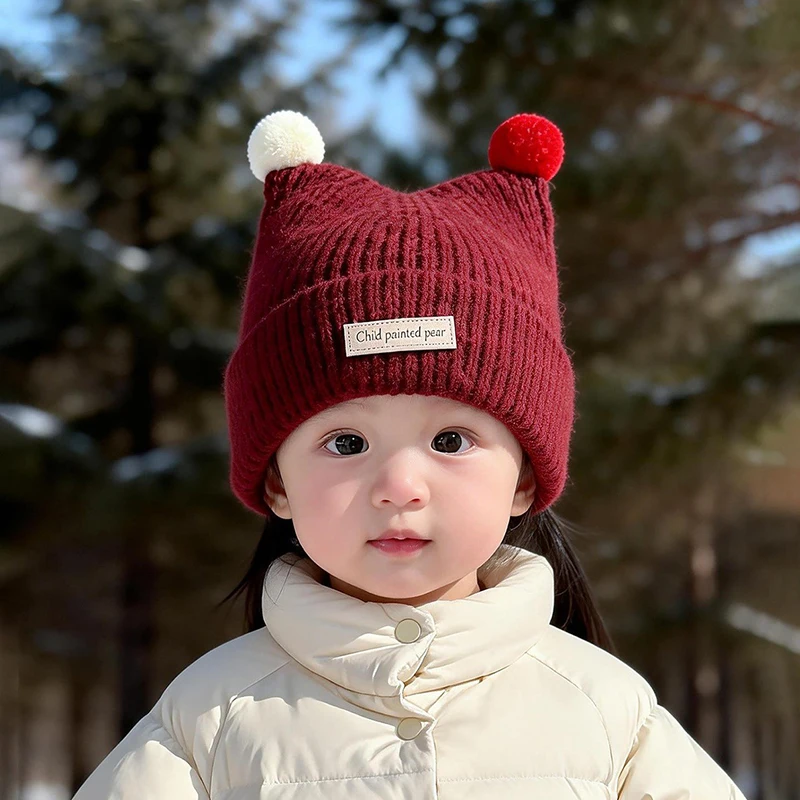 1-4Year Baby Knitted Hat Cute Double Plush Ball Pullover Cap Anti-Cold Warm Kids Ear Protection Wool Hats Winter Children Beanie view 2