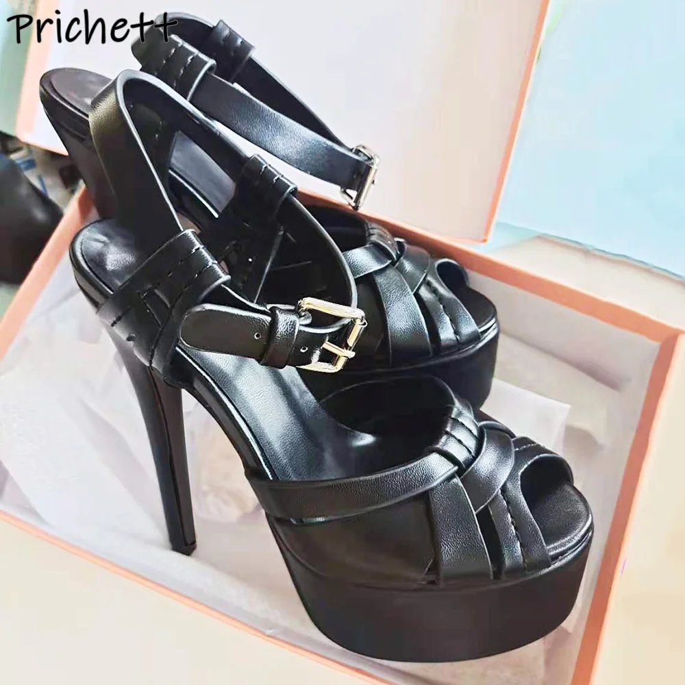 

Platform Twist Sewing Sandals Peep Toe Black High Heels Buckle Strap Slingback Shoes Women Summer Leather Summer Stiletto Shoes