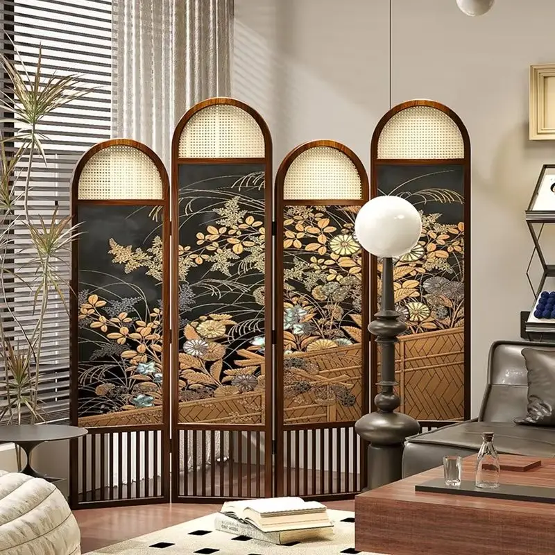 French Retro Rattan Screen Partition Solid Wood Folding Room Divider Antique Background Wall Bedroom Decor Living Room Occlus