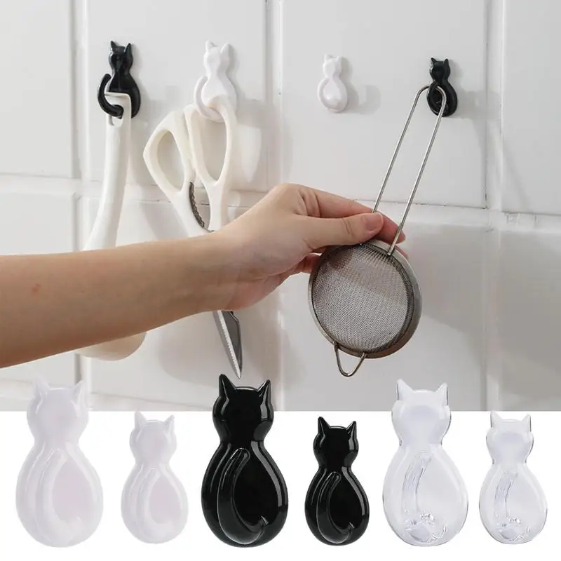 2pcs Cartoon Cat Shape Wall Hooks Self Adhesive Cat Decorative Key Holder Hanger Punch Free Wall Mount Keys Hangers Decor