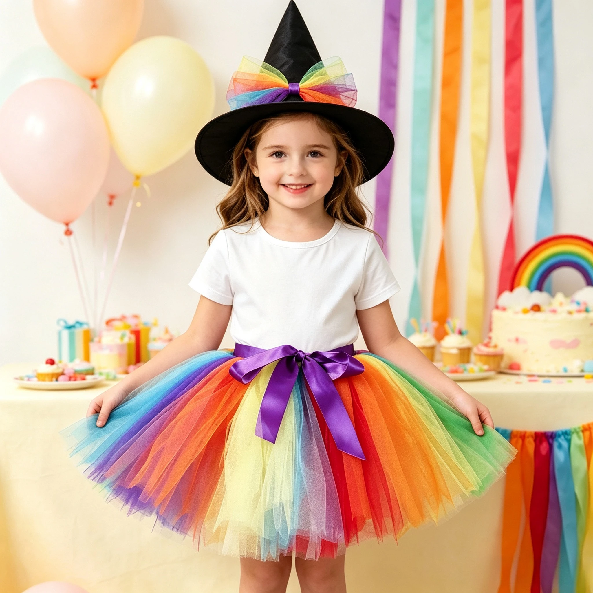 子供向けハロウィーン仮装パーティー、魔女のコスチューム、チュールスカートと魔法の帽子のセット、幼児向け、舞台パフォーマンス衣装。