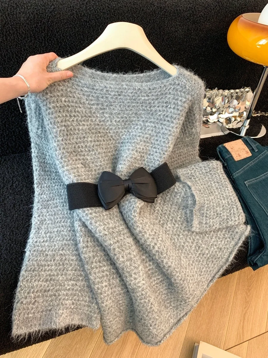 한국 슬레 레이지 매듭 허리 조임 니트 스웨터 여성용 가을 겨울 신상 패션 루즈 슬림핏 탑