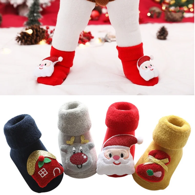 0-3Y Kids Christmas Anti-slip Long Socks For Girls Boys Winter Newborn Cotton Stocking Terry Thick Warm New Children Floor Sock