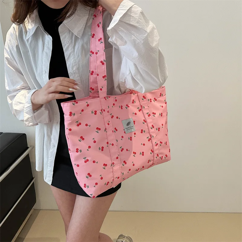 ISKYBOB Cute Cherry Print Casual Tote Bag Large Capacity Women's Travel Bag Shopping Bag Nylon Weekend Handbag Grocery Bag New