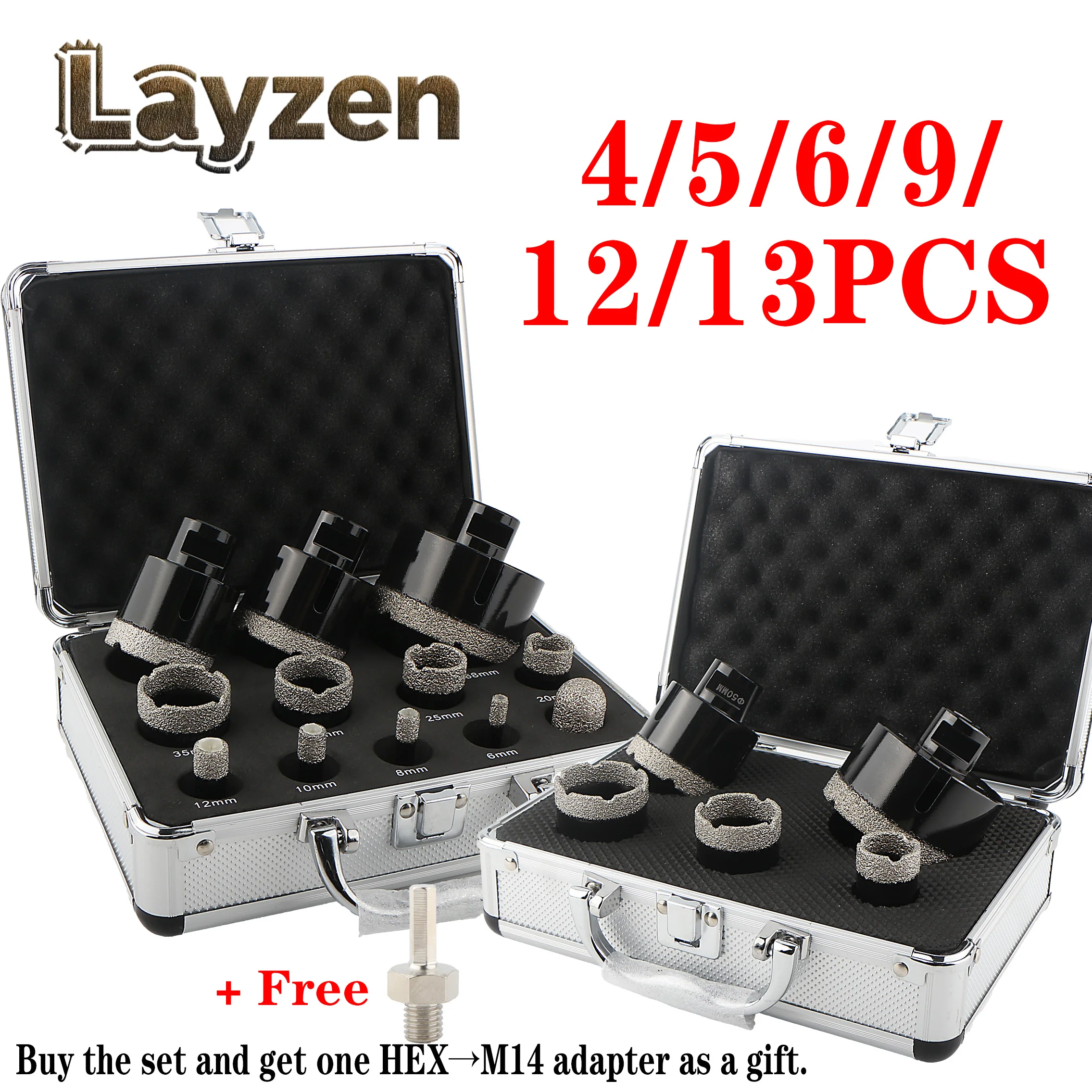 

Layzen 4/5/6/9/12/13Pcs M14 Thread Brazed Diamond Dry Drilling Bits Hole Saw Set For Ceramic Tile Porcelain Granite Marble