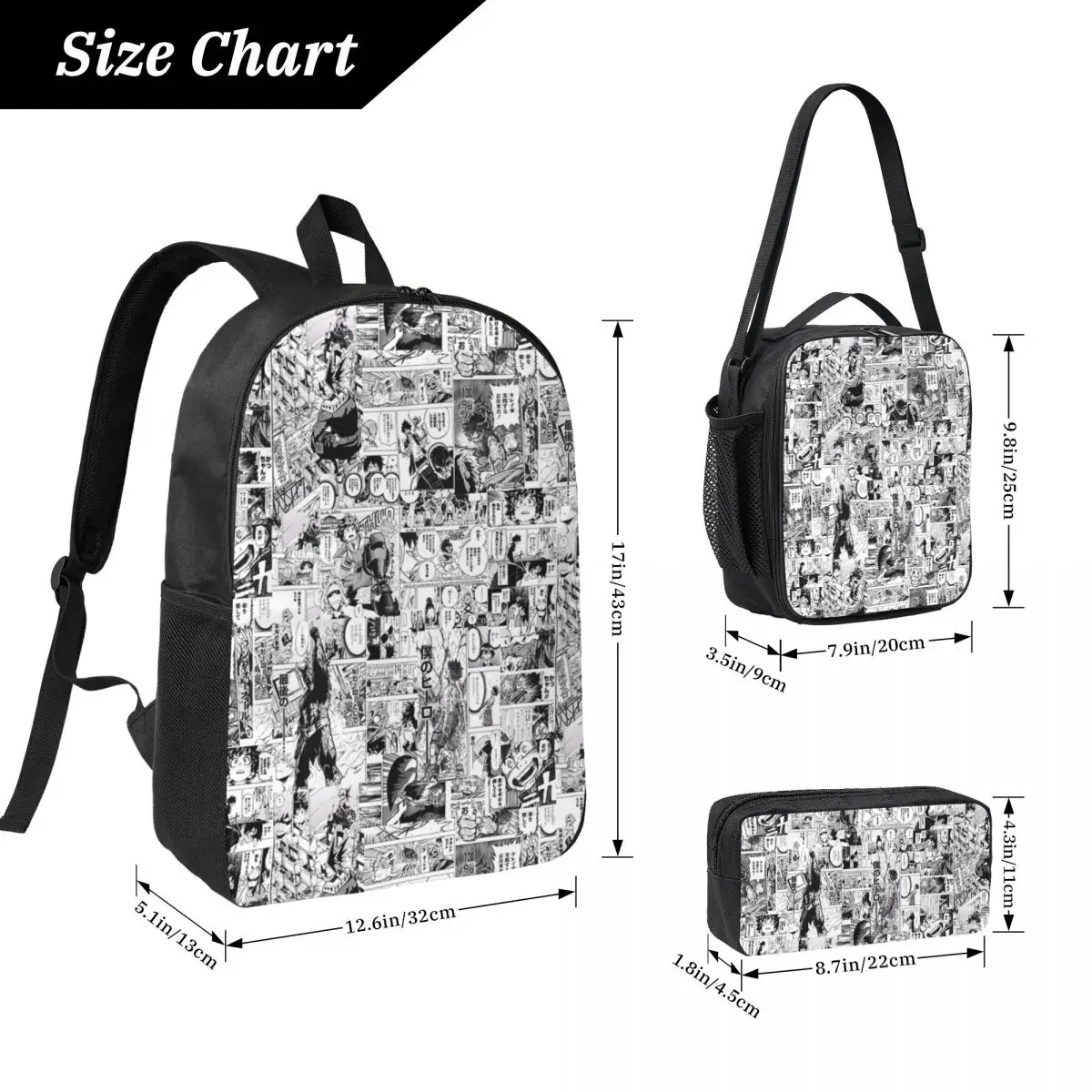 

My Hero Academia Manga Collage Backpack Student Boys Girls BookBag School Bag Shoulder Bags 3ps Insulated Lunch Bag Pencil Case