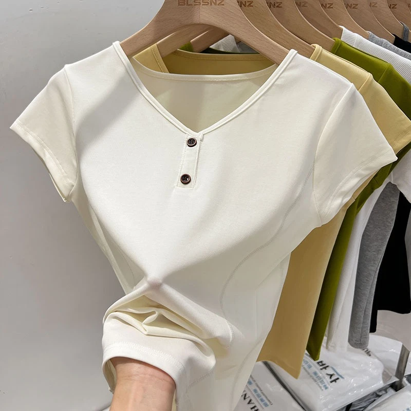 2026 Sommer Neue Vielseitige Koreanische Mode T-Shirts Damen Slim Fit Kurzarm mit Knöpfen Einfache Lässige Büro-Damen-Oberteile