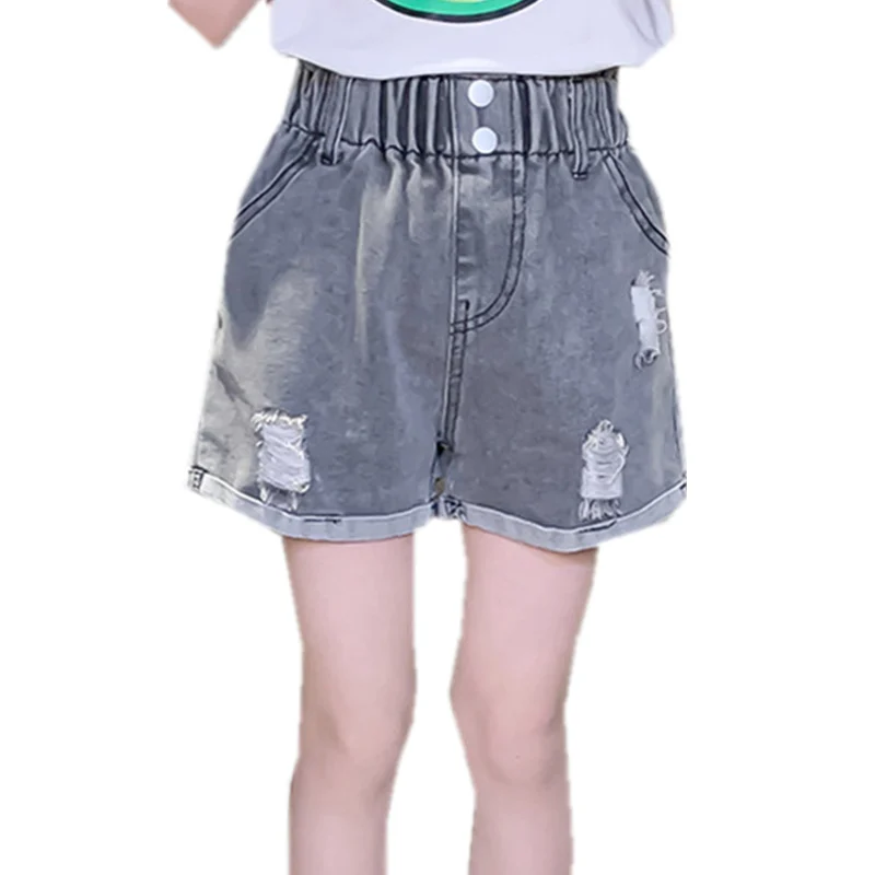 

Summer Teen Girl Ripped Shorts With Button Baby Girl High Waist Destroyed Mini Jeans Pants Black Color Kids Above Knee Trousers