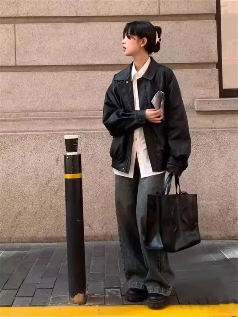 Vintage PU Leather Jacket Women Spring Autumn New Retro Black Brown Casual Fashion Zipper Cropped Loose Leather Moto Biker Coat