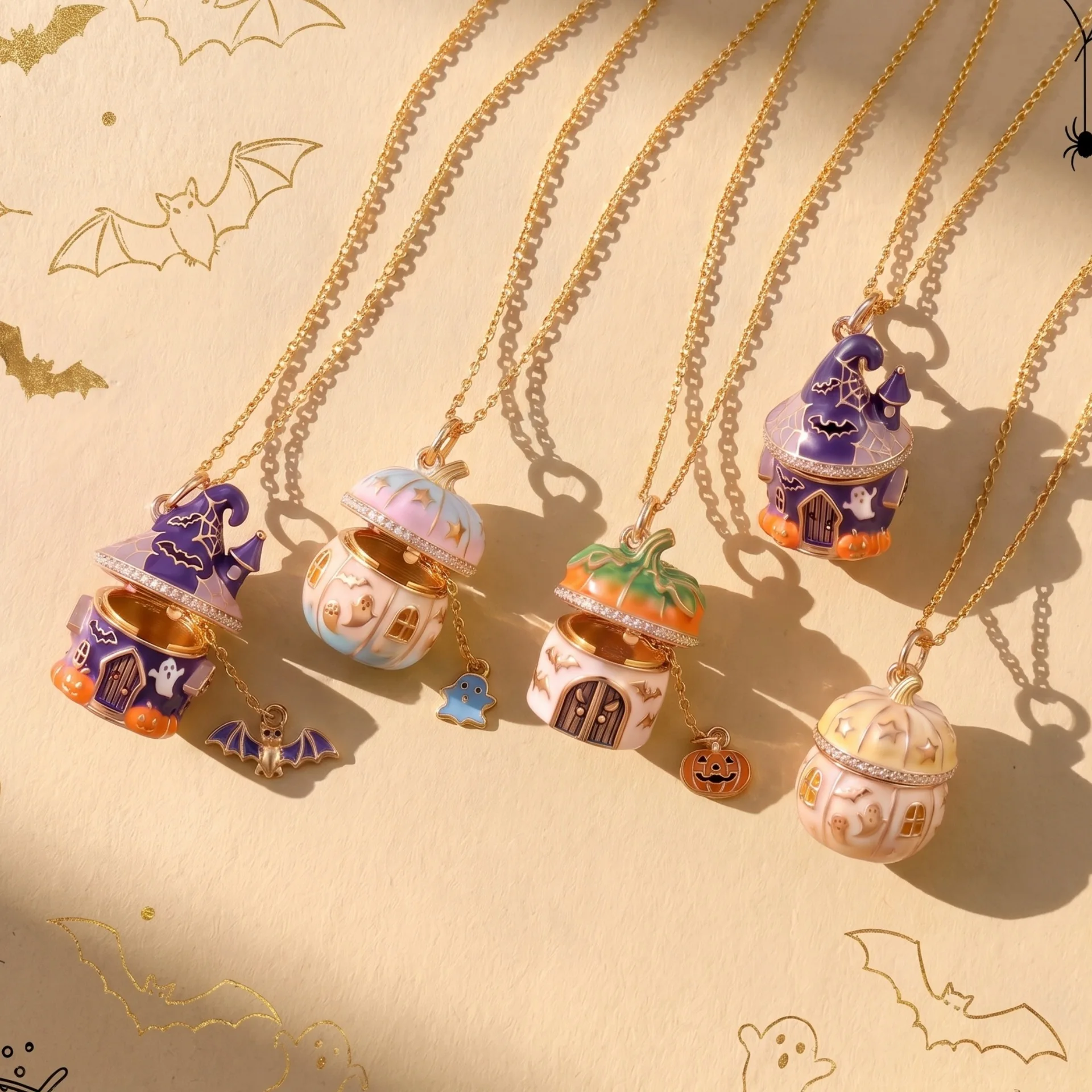 Halloween Opening and Closing Pumpkin Pendant Necklace Magic House Necklace Enamel Ghost Bat Necklace Halloween Jewelry Gift