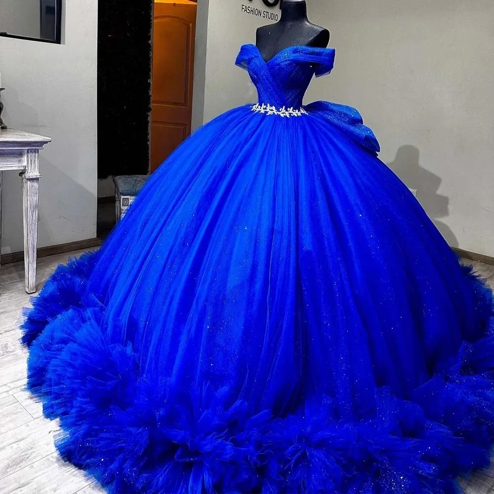 Royal Blue Quinceanera Dresses Ball Gown Off The Shoulder Ruffles Sparkly Sweet 16 Dresses 15 Años Mexican Customized