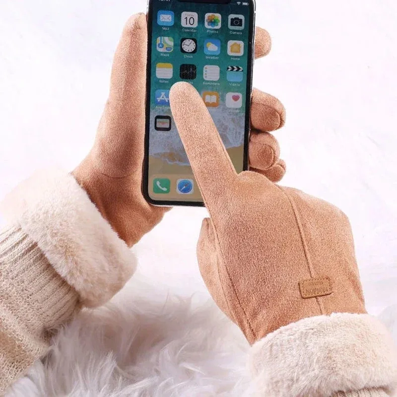 Утолщенные замшевые перчатки с сенсорным экраном, женские зимние уличные модные теплые перчатки с полным пальцем для катания на лыжах, велоспорта и пешего туризма, спортивные перчатки для женщин