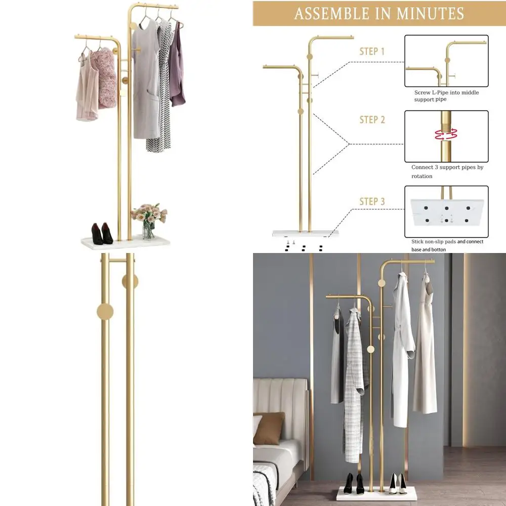 

Freestanding Gold Coat Rack with 5 Hooks and Marble Base for Modern Entryway, Living Room, and Bedroom
