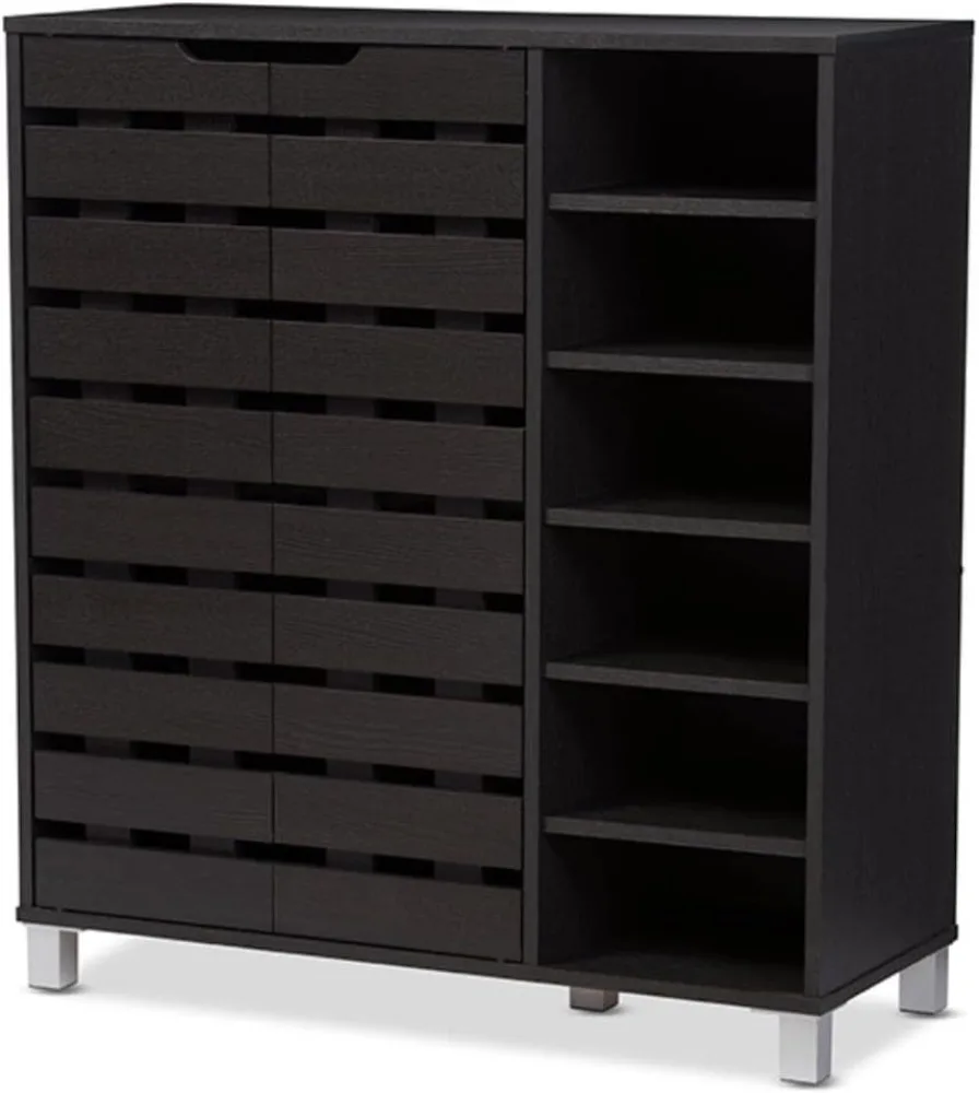 Baxton Shoe Rack Studio Shirley Modern & Contemporary Wood 2-Door Shoe Cabinet with Open Shelves, Dark Brown Home Furniture