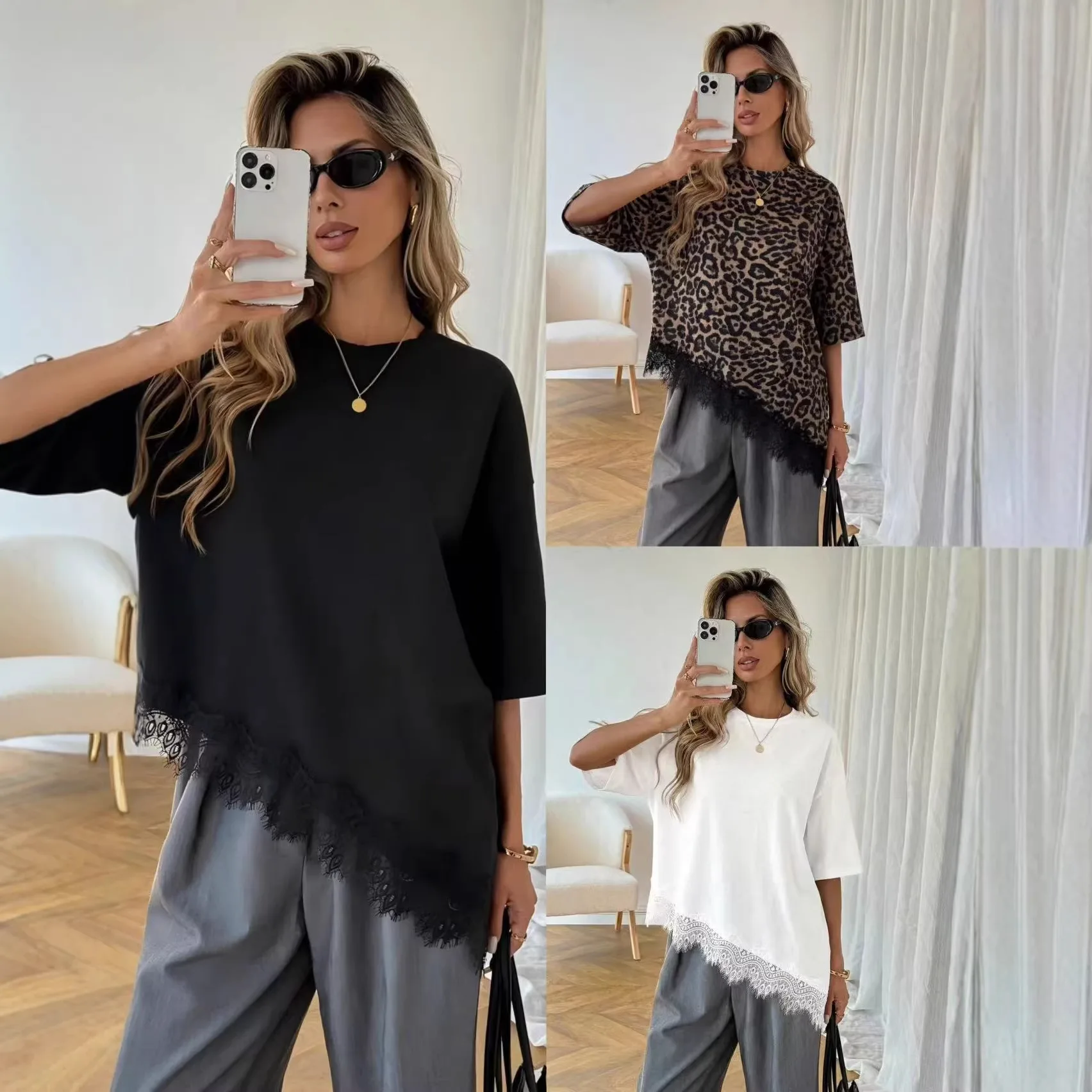

2026 summer women's clothing new temperament design sense oblique hem lace splicing short-sleeved large-size T-shirt