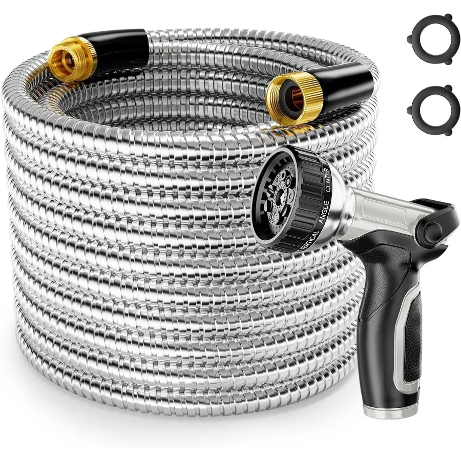 

1/2 304 Stainless Steel Garden Hose 100FT Water Pipe with Heavy Duty Metal Nozzle for Yard Outdoor Lawn Flexible Never Kink Tan