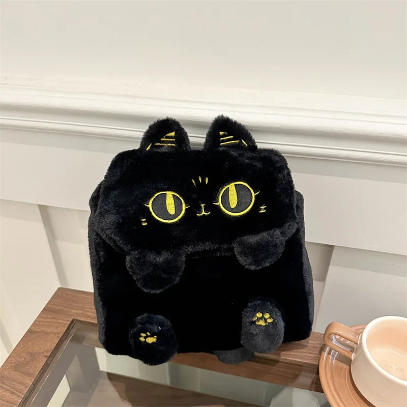 Bolso de hombro de felpa de dibujos animados para estudiantes, mochila versátil de gran capacidad con diseño de pingüino y gato negro pequeño, novedad de 2024