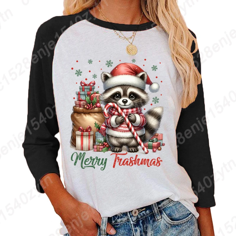 

Christmas Racoon Merry Tiashmas Print Three Quarter Sleeve Shirt For Women Summer Lovely Seven Sleeves Shirt Round Neck T Shirts