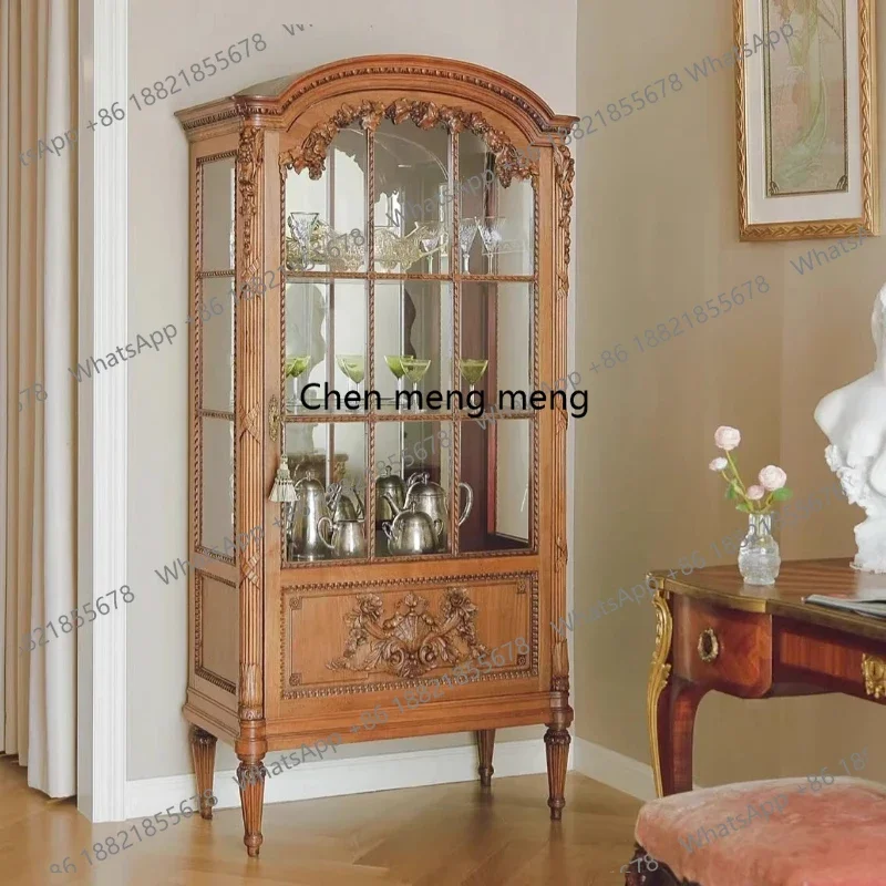 

French solid wood carving flower edge American locker display glass wine cabinet living room furniture