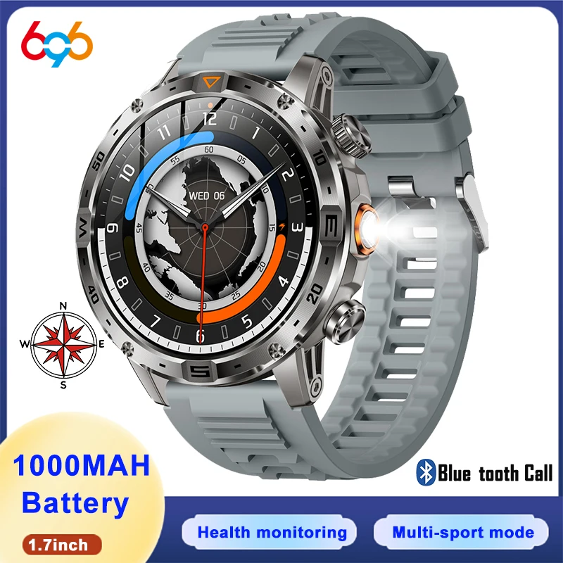 

SOS Smartwatch Men Outdoor Sports Blue Tooth Call Smart Watch Flashlight 1000mAh Waterproof Health Compass Information Reminder