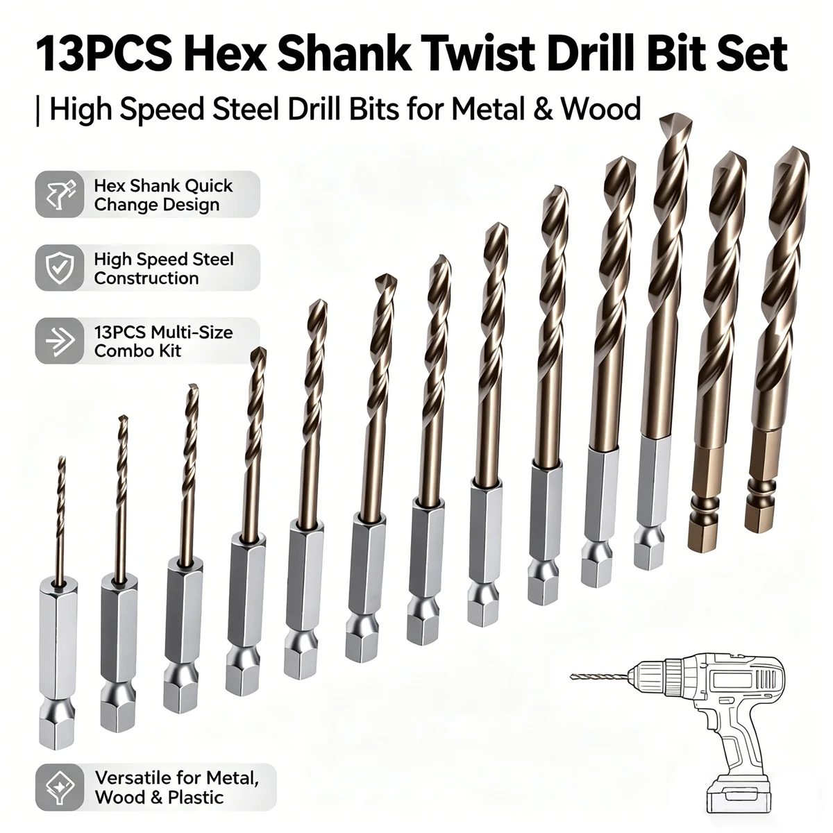 

13Pcs HSS High Speed Steel Titanium Coated Drill Bit Set 1/4 Hex Shank 1.5mm-6.5mm Hexagonal Handle Twist Drill Power Tool