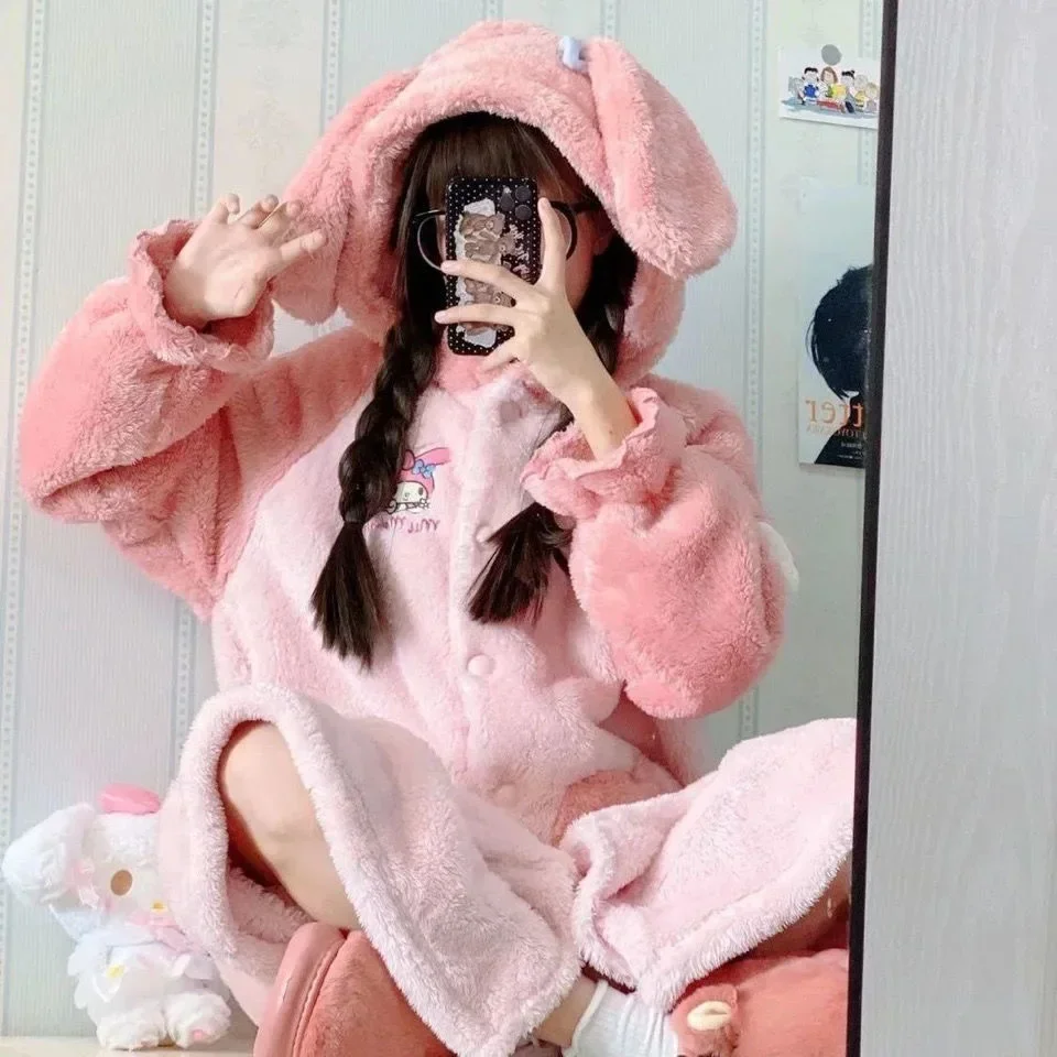 Kawaii Sanrio Winter My Melody Cute Girls Plush Pajamas Thickened Coral Velvet Pajamas Flannel Thickened Nightgown Home Clothes