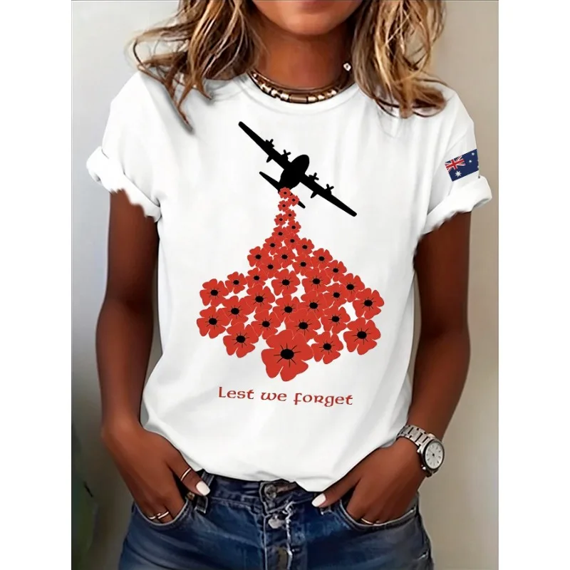 Women's Anzac Day Lest We Forget Print T-Shirts Summer Casual Round Neck T Shirt Short Sleeve Tops