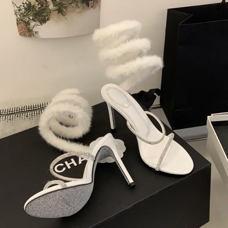 Sexy Snake Shaped Elastic Strap Women Gladiator Sandals Fashion Rhinestones Fur Decor Stiletto High Heels Summer Wedding Shoes