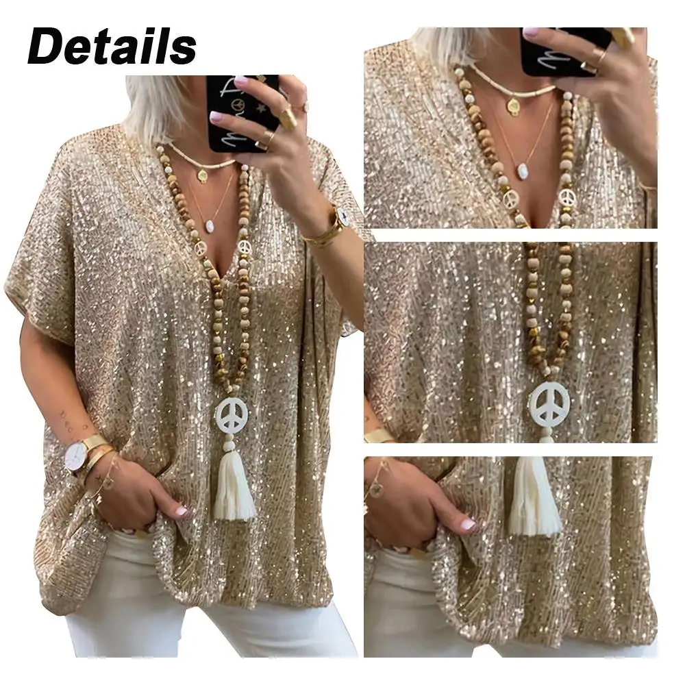 Women New T-Shirt Clothes Summer Casual Loose V-neck Pullover Tops Sequin Decoration Blended Fashion Solid Color Streetwear Tees