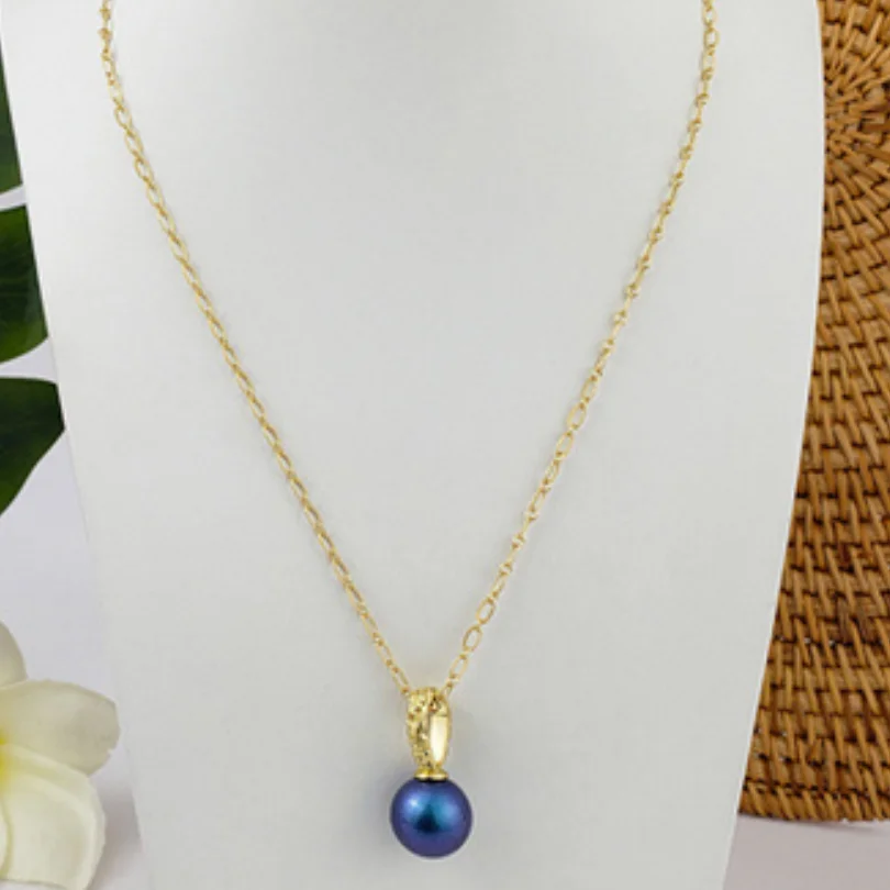 

NEW 18" GENUINE NATURAL CULTURED BLACK GOLD ROUND PEARL PENDANT NECKLACE