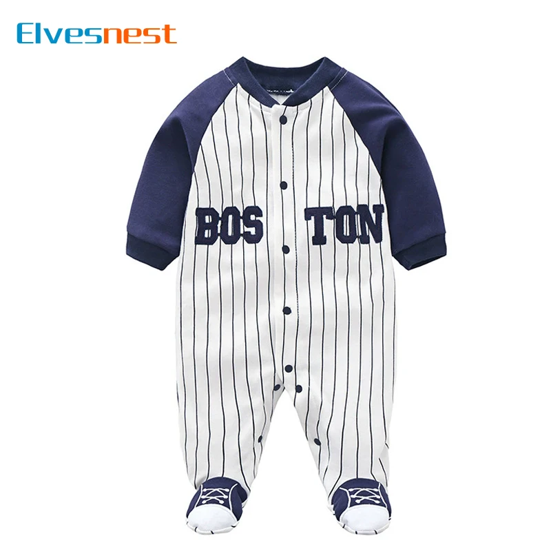 Baby Footed Jumpsuit 0-18 Months Striped Baseball Romper Long Sleeve Infant One Piece Pajamas Newborn Cotton Bodysuit