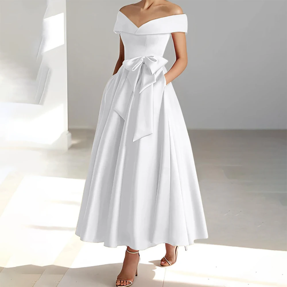 A-Line Mother of the Bride Gowns Sweetheart Neck Bow Sleeveless Ankle Length Open Back Lace Up Back Formal Occasion Gowns