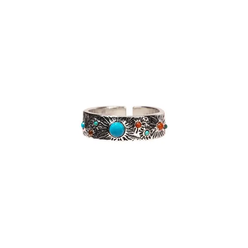 Raw Turquoise & Nan Hong Ring - Niche Open Band with Inlay Detail, Elegant Natural Gemstone Jewelry, High-End Minimalist Gift