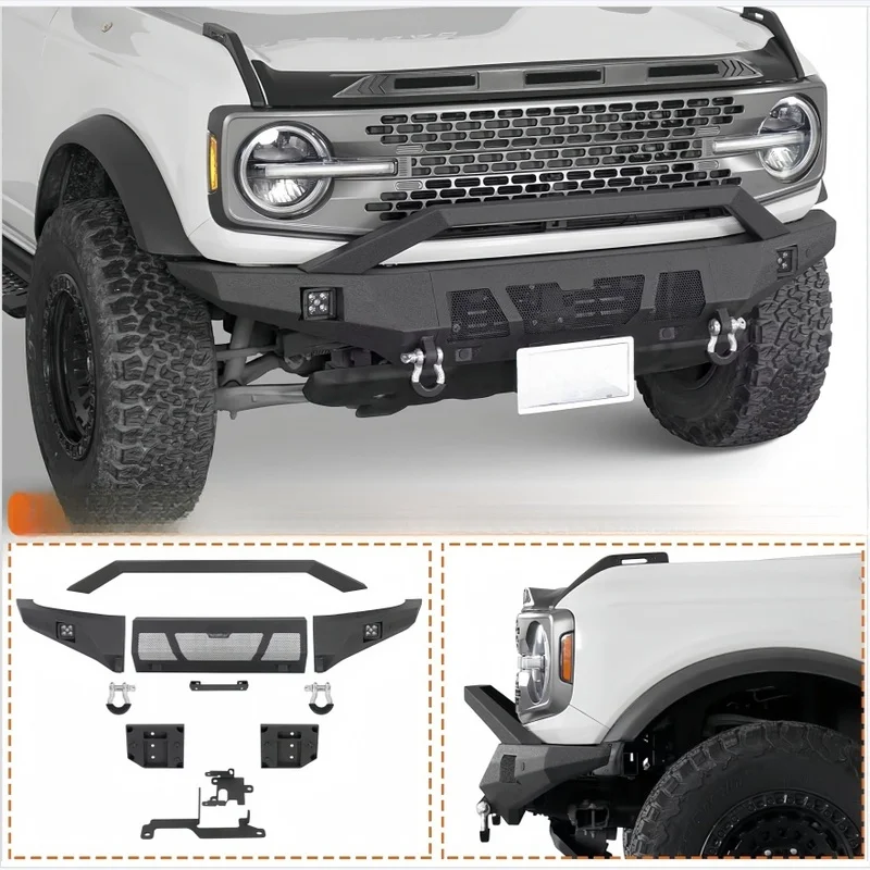 High Quality Heavy Duty Steel Front Bumper Assembly with Bull Bar Winch Plate D-Rings Exterior Parts for Bronco