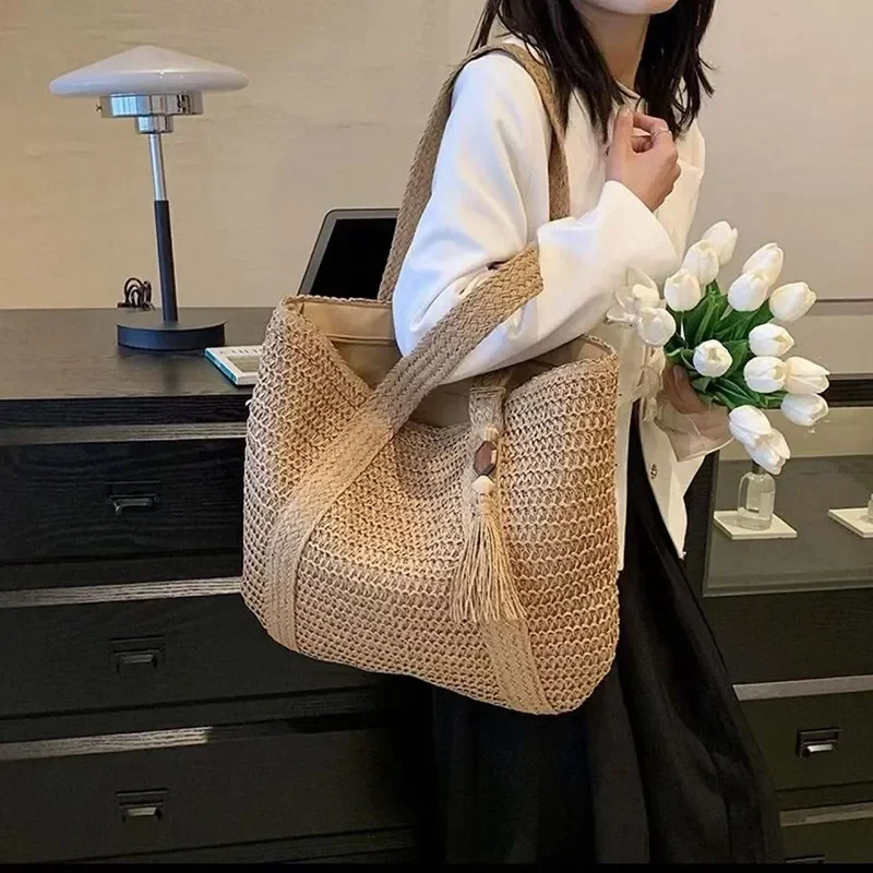 Bolso de Hombro de Paja para Mujer, Verano 2025, Gran Capacidad, Versátil, Bolso de Mano Tejido a la Moda