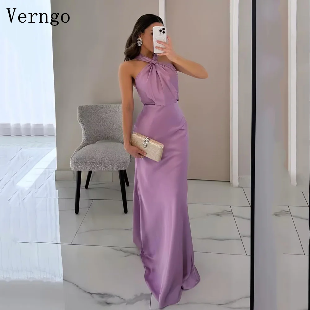 

Verngo Purple Satin Evening Dress Halter Mermaid Backless Prom Gown Simple Formal Elegant Prom Party Dress 2024