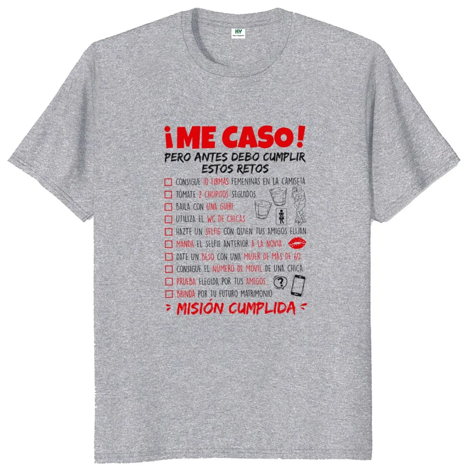 Unisex Soft Casual T-Shirt, 100% Algodão, Bachelor Party, Challenge List, Humor Espanhol, Wedding Groom Gift, Presente Engraçado