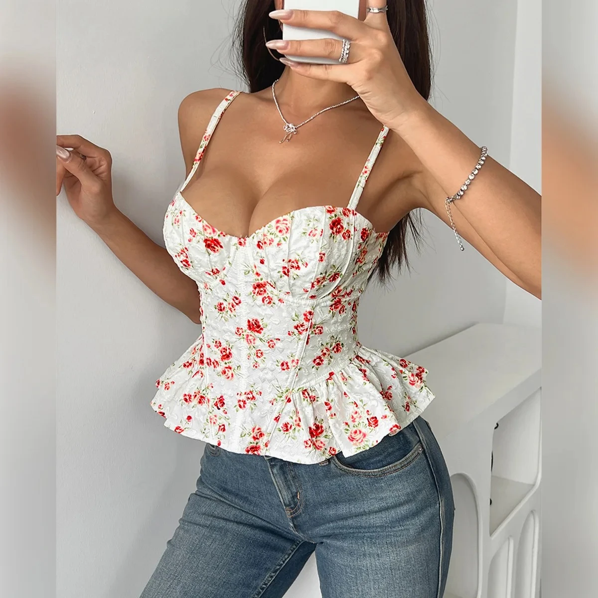 Sexy Floral Print Backless Tie-Up Bandeau Top Asymmetric Ruffles Slimming Spaghetti Strap Spring Summer Women's Y2K Fashion Tops