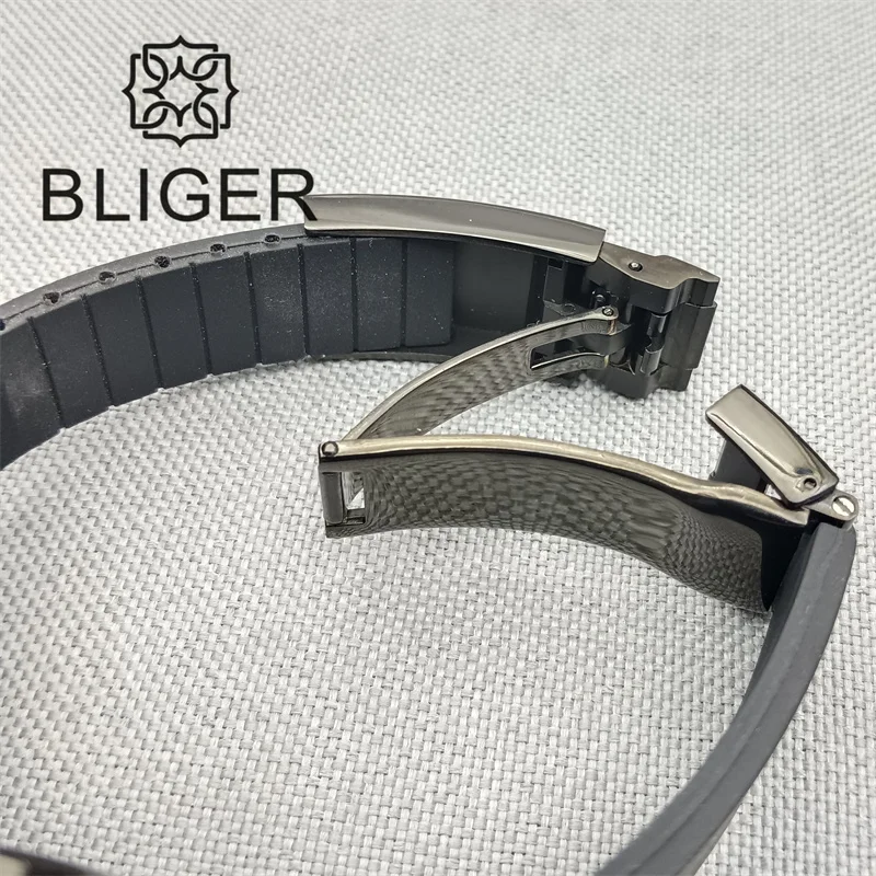 BLIGER 40mm Watch For Men NH36 Movement Week-day Display Function Full Black Dial PVD Case Curved End Rubber Strap Waterproof