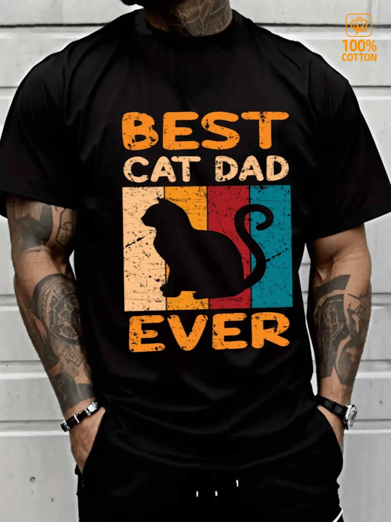 Best Cat Dad Ever Retro Cat Dad Lettering & Paw Print T-Shirt 100% Cotton O-Neck Short Sleeve Summer Casual Mens T-shirt