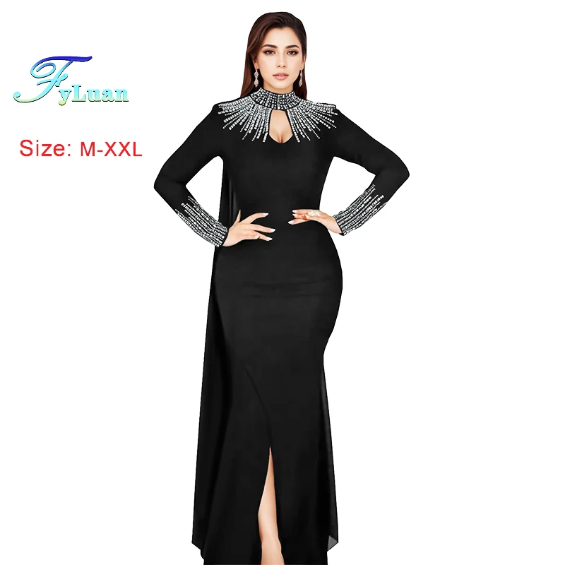 

New Style Temperament Women's Dress Hot Rhinestones Decoration Long Sleeve Ladies Slit Dinner Dress Fashion Bodycon Prom Gowns