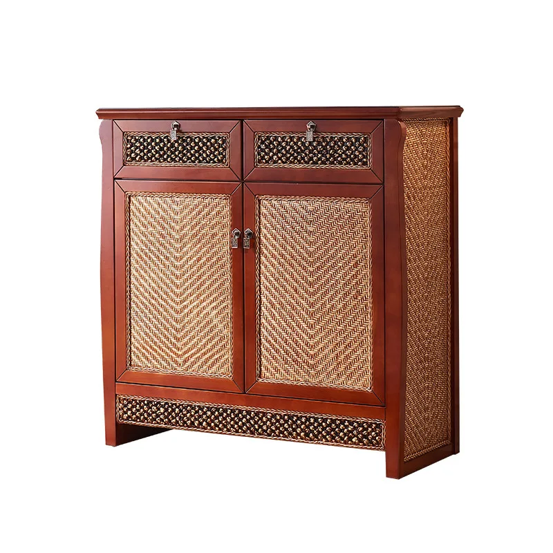 

Classical Chinese rattan shoe cabinet solid wood living room household European double drawer double door three-layer storage be