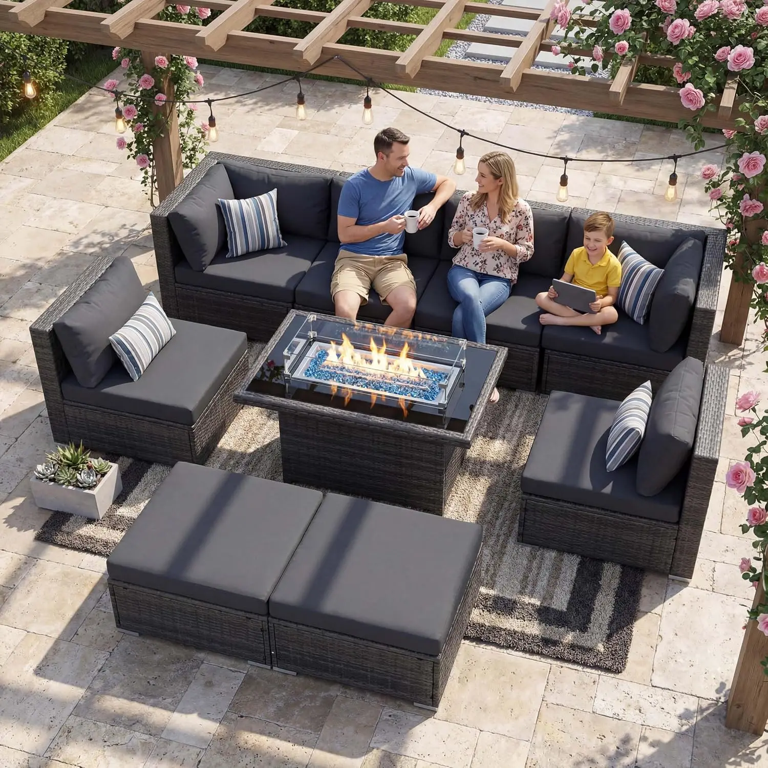 8 Seater Outdoor Patio Furniture Sectional Sets with Firepits Table Natural Gas Propane, 29.3'' High Back Comfy, Customized